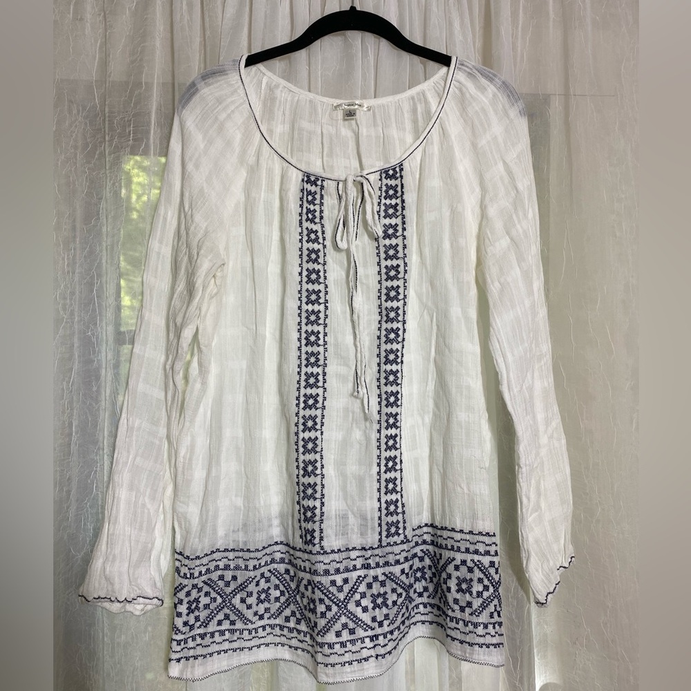 Sophie Max Size Large White Embroidered Tie Neck Lightweight 100% Cotton Top
